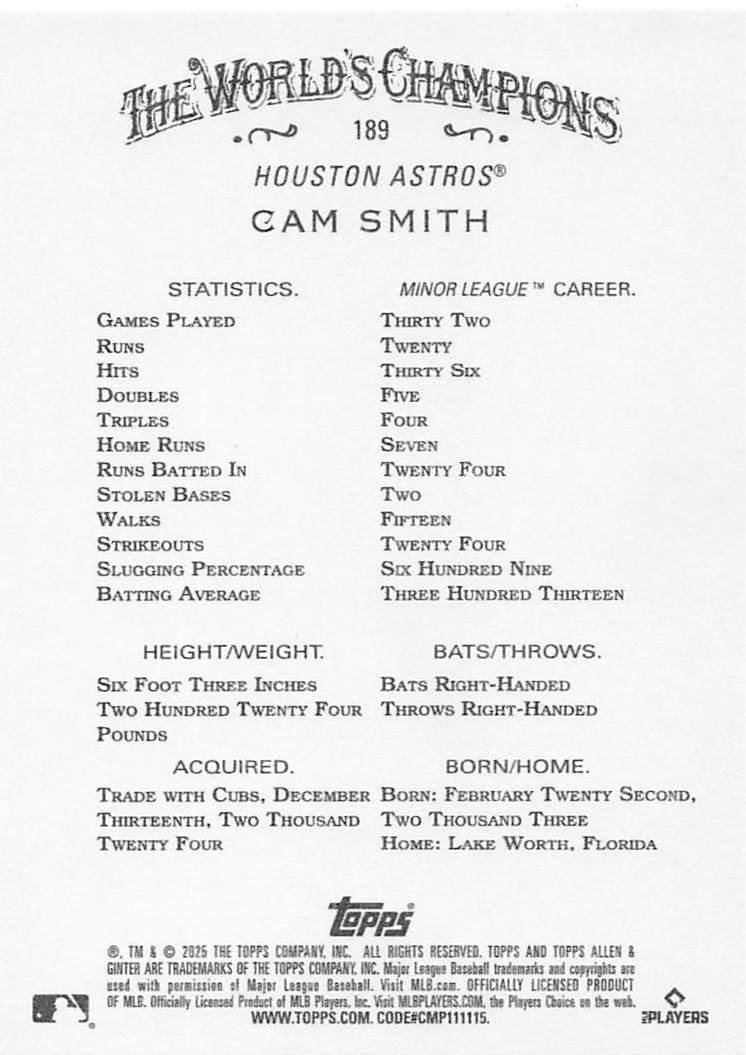 2025 Topps Allen & Ginter Baseball Cam Smith #189 Rookie