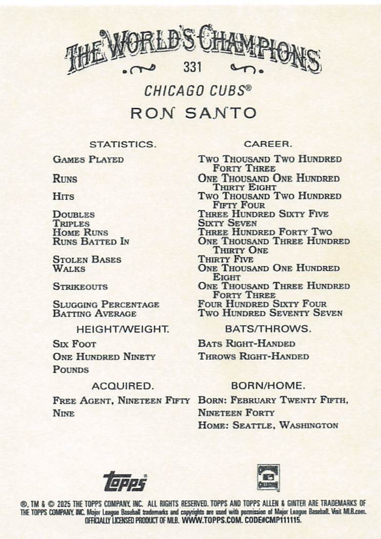 2025 Topps Allen & Ginter Baseball Ron Santo #331