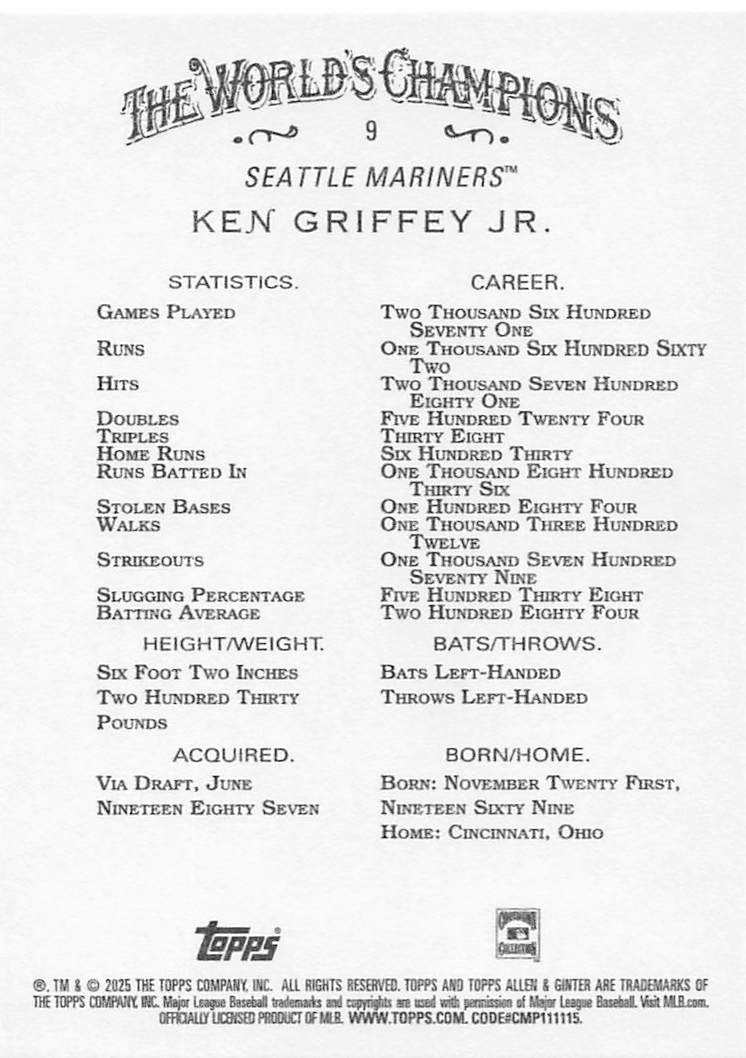 2025 Topps Allen & Ginter Baseball Ken Griffey Jr. #9
