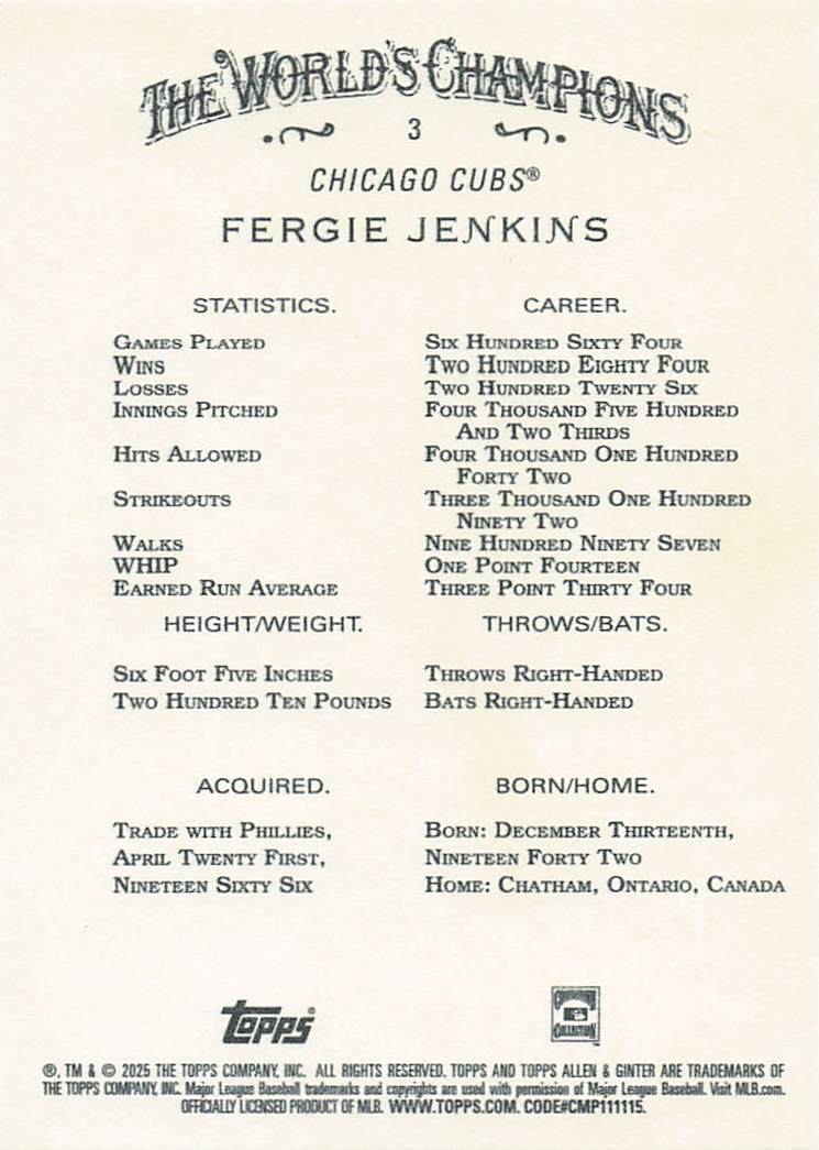2025 Topps Allen & Ginter Baseball Fergie Jenkins #3