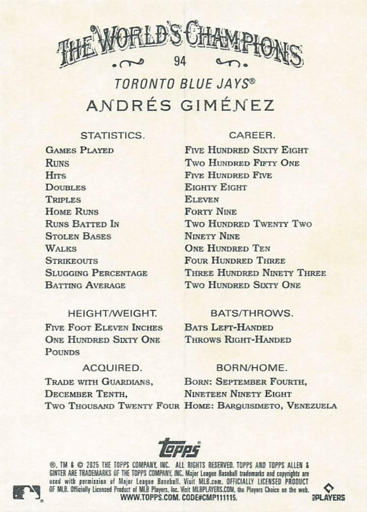 2025 Topps Allen & Ginter Baseball Andrés Giménez #94