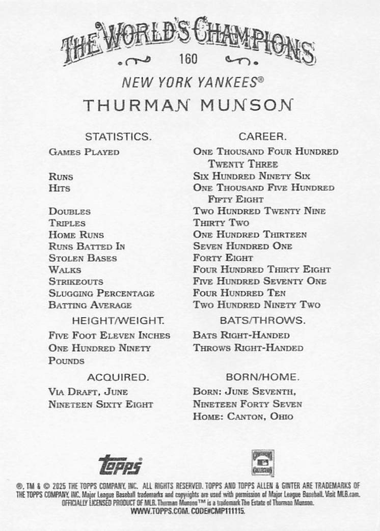 2025 Topps Allen & Ginter Baseball Thurman Munson #160