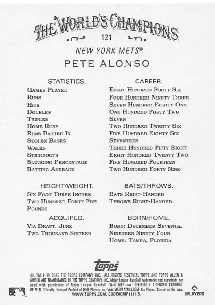 2025 Topps Allen & Ginter Baseball Pete Alonso #121