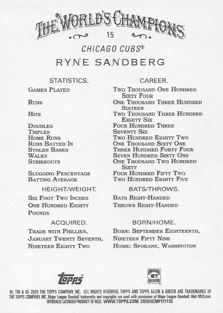 2025 Topps Allen & Ginter Baseball Ryne Sandberg #15