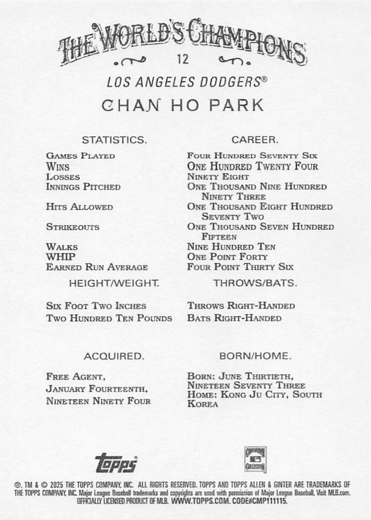 2025 Topps Allen & Ginter Baseball Chan Ho Park #12