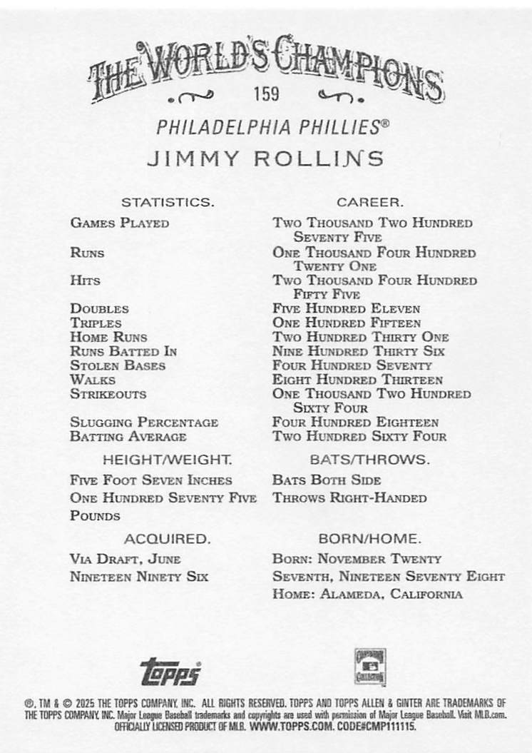 2025 Topps Allen & Ginter Baseball Jimmy Rollins #159