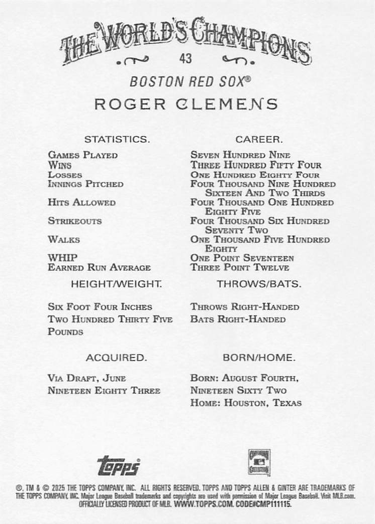 2025 Topps Allen & Ginter Baseball Roger Clemens #43