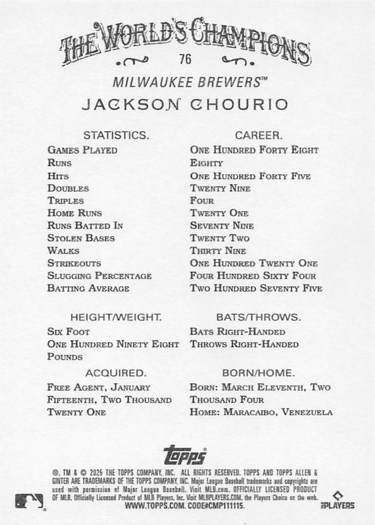 2025 Topps Allen & Ginter Baseball Jackson Chourio #76