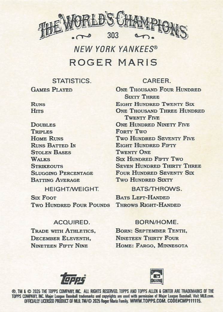 2025 Topps Allen & Ginter Baseball Roger Maris #303