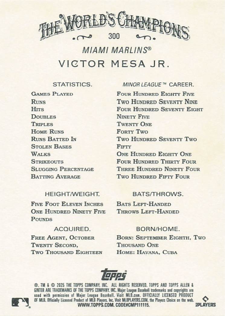 2025 Topps Allen & Ginter Baseball Victor Mesa Jr. #300 Rookie