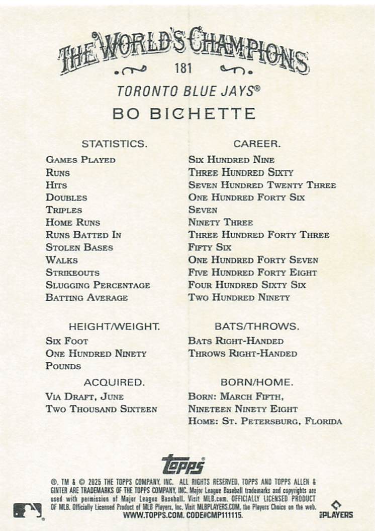 2025 Topps Allen & Ginter Baseball Bo Bichette #181