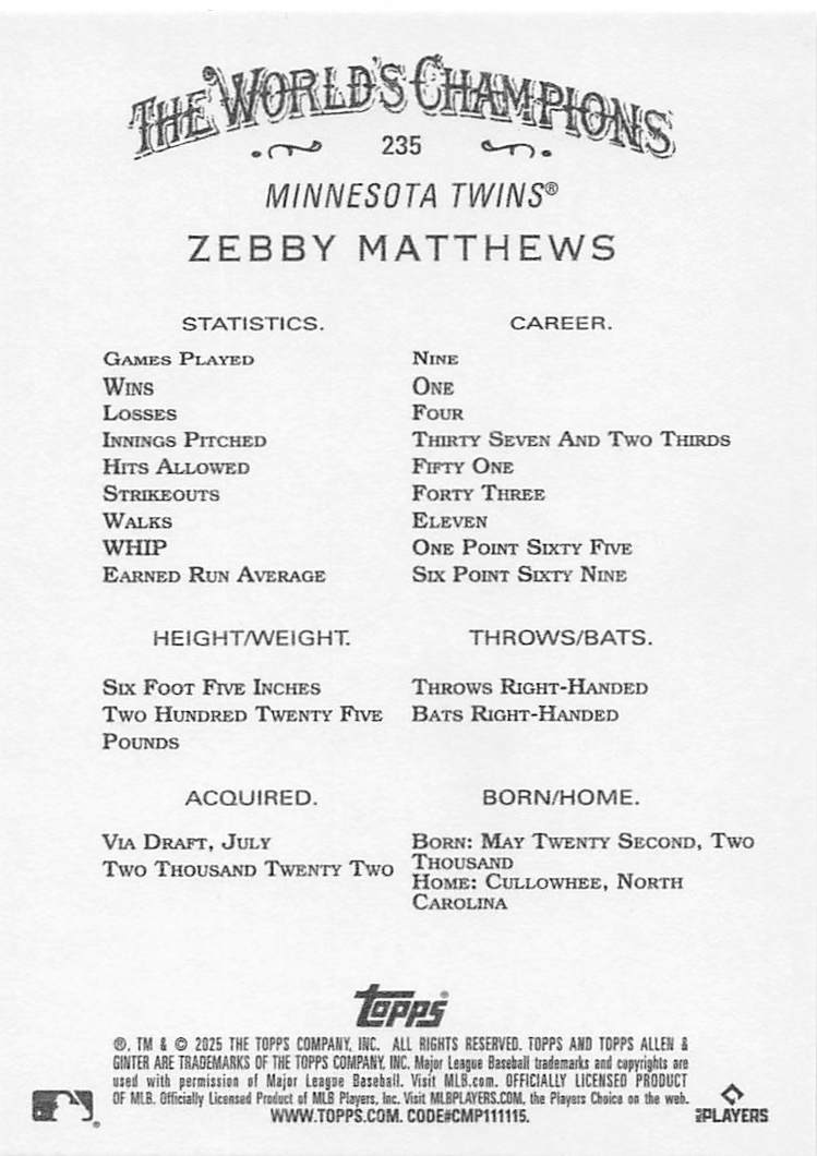 2025 Topps Allen & Ginter Baseball Zebby Matthews #235 Rookie