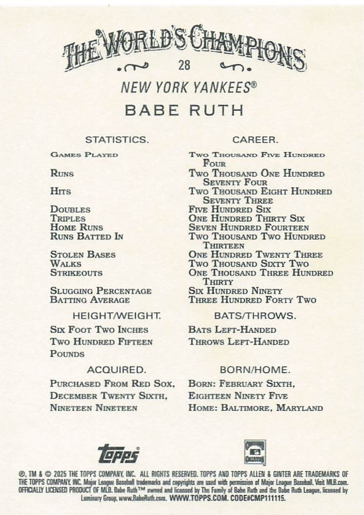 2025 Topps Allen & Ginter Baseball Babe Ruth #28