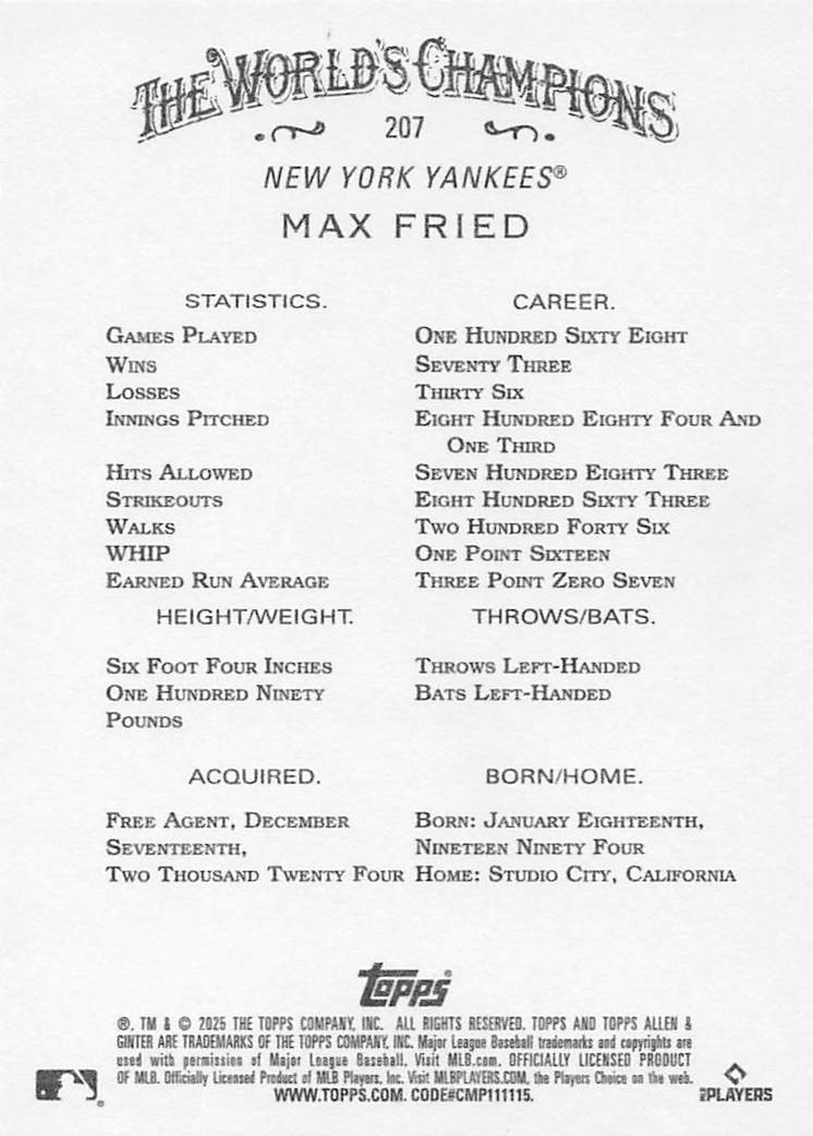 2025 Topps Allen & Ginter Baseball Max Fried #207