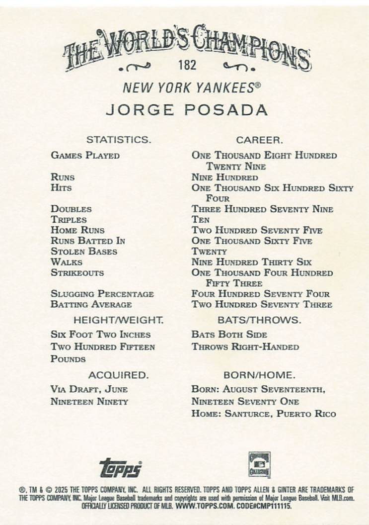 2025 Topps Allen & Ginter Baseball Jorge Posada #182