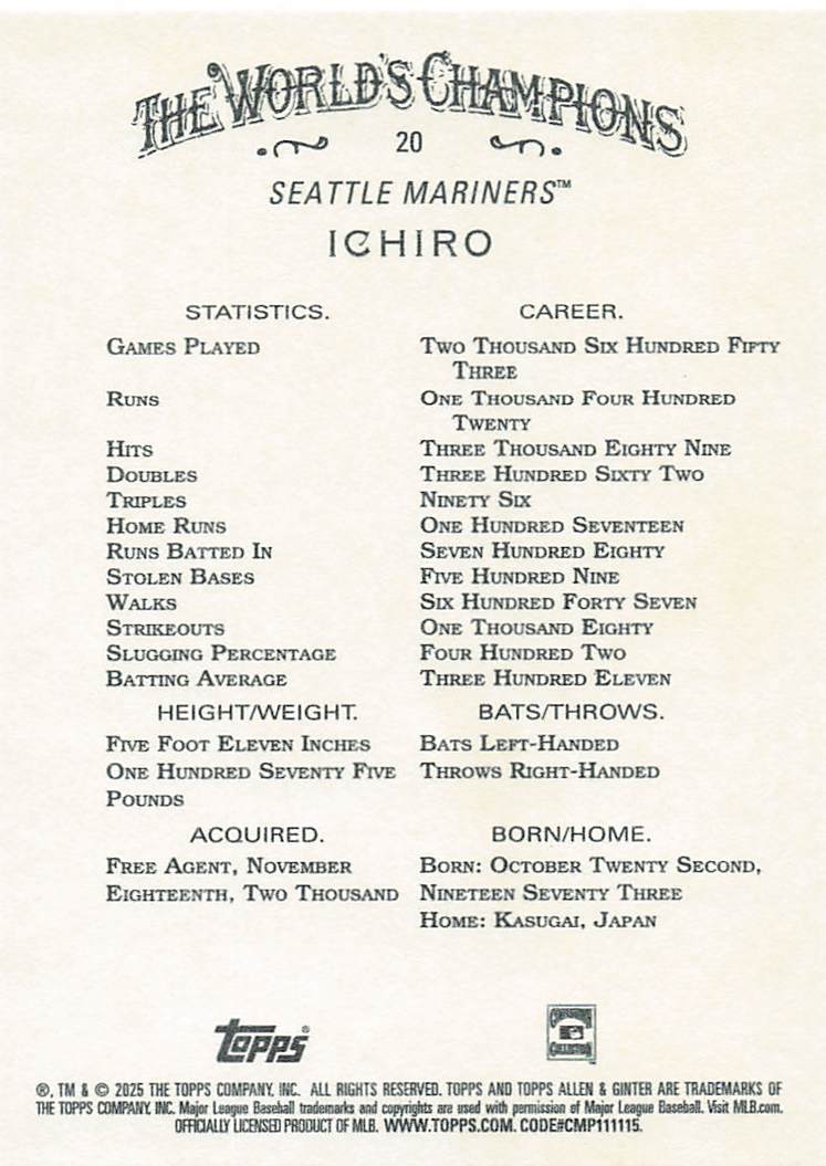 2025 Topps Allen & Ginter Baseball Ichiro #20