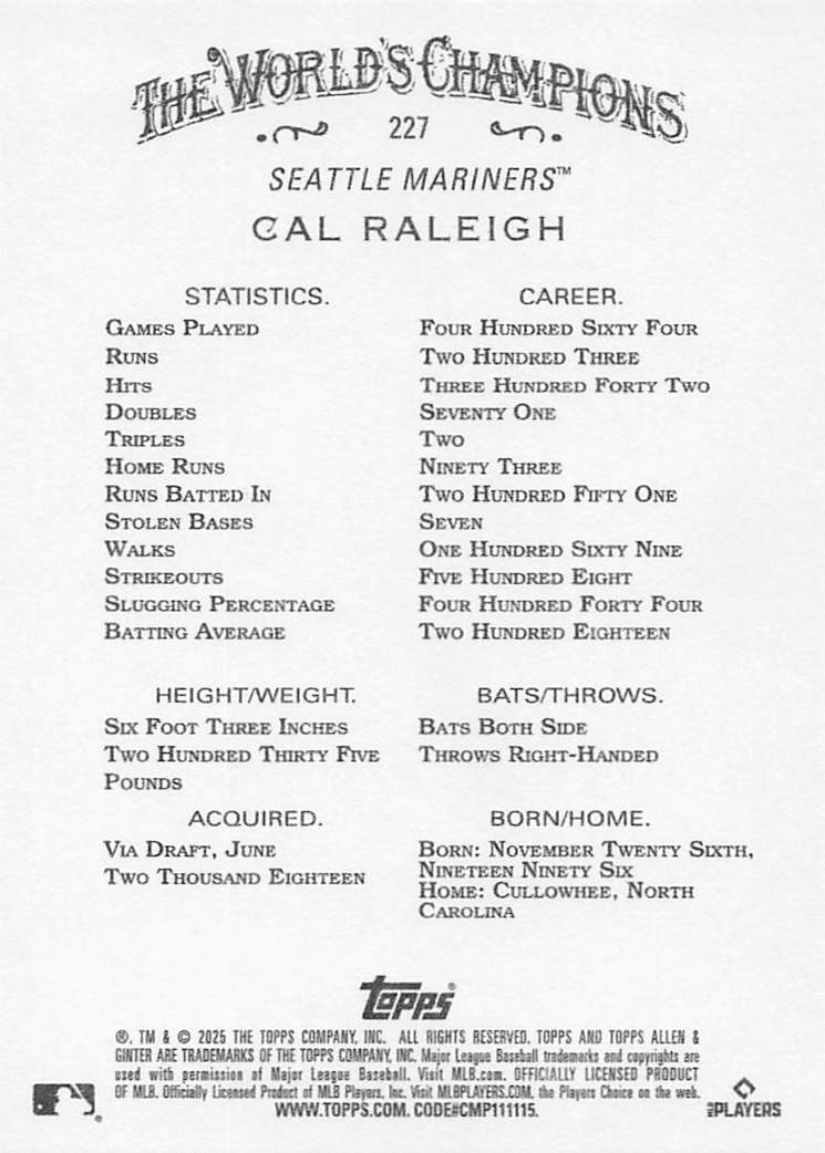 2025 Topps Allen & Ginter Baseball Cal Raleigh #227