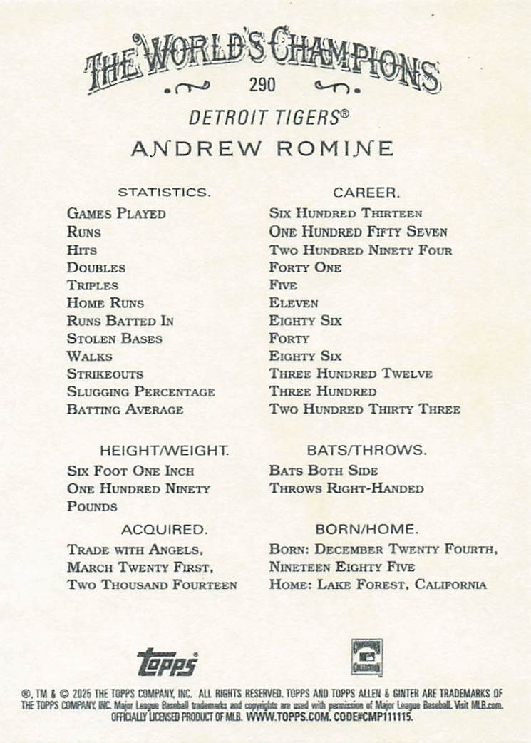 2025 Topps Allen & Ginter Baseball Andrew Romine #290