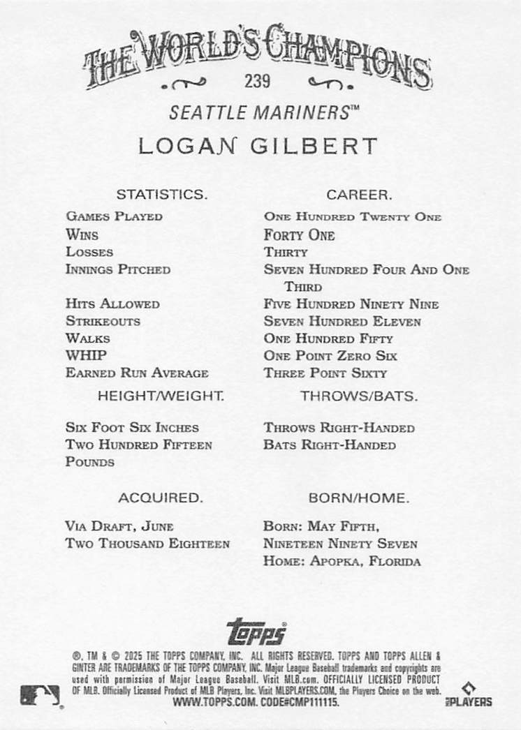 2025 Topps Allen & Ginter Baseball Logan Gilbert #239