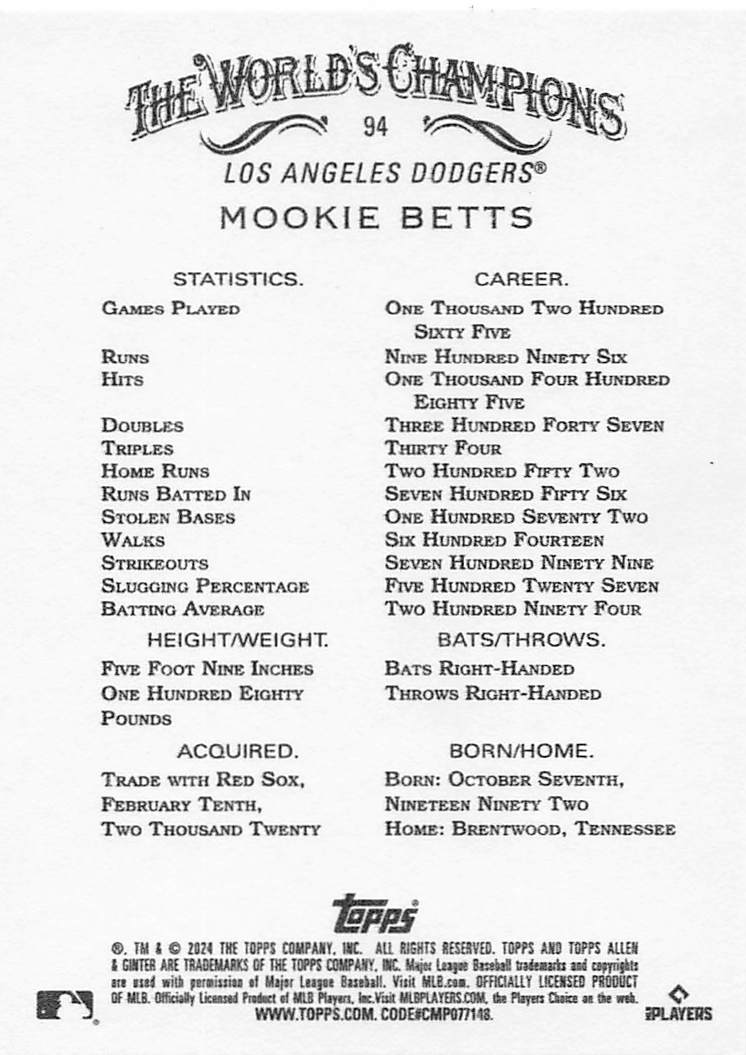 2024 Topps Allen & Ginter Baseball Mookie Betts #94