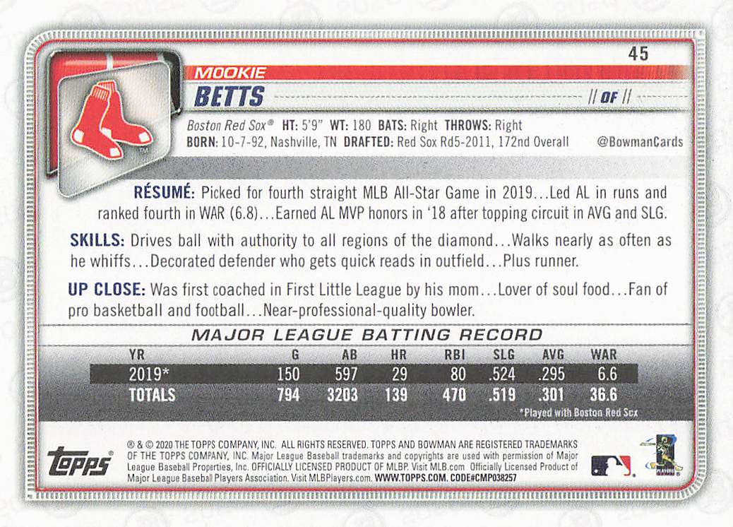 2020 Bowman Baseball Mookie Betts #45