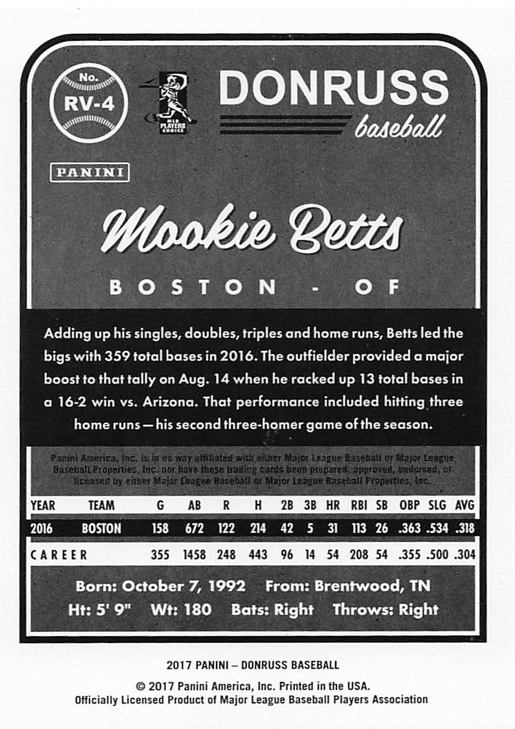 2017 Donruss Baseball Retro Variations 1983 Mookie Betts #RV-4