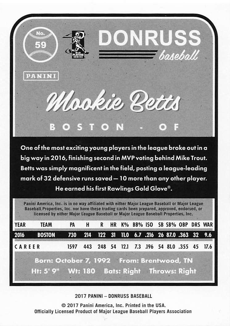 2017 Donruss Baseball Mookie Betts #59b