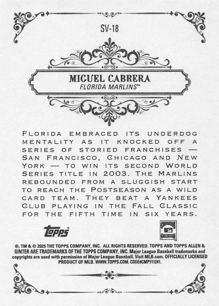 2025 Topps Allen & Ginter Baseball Sweet Victory Miguel Cabrera #SV-18