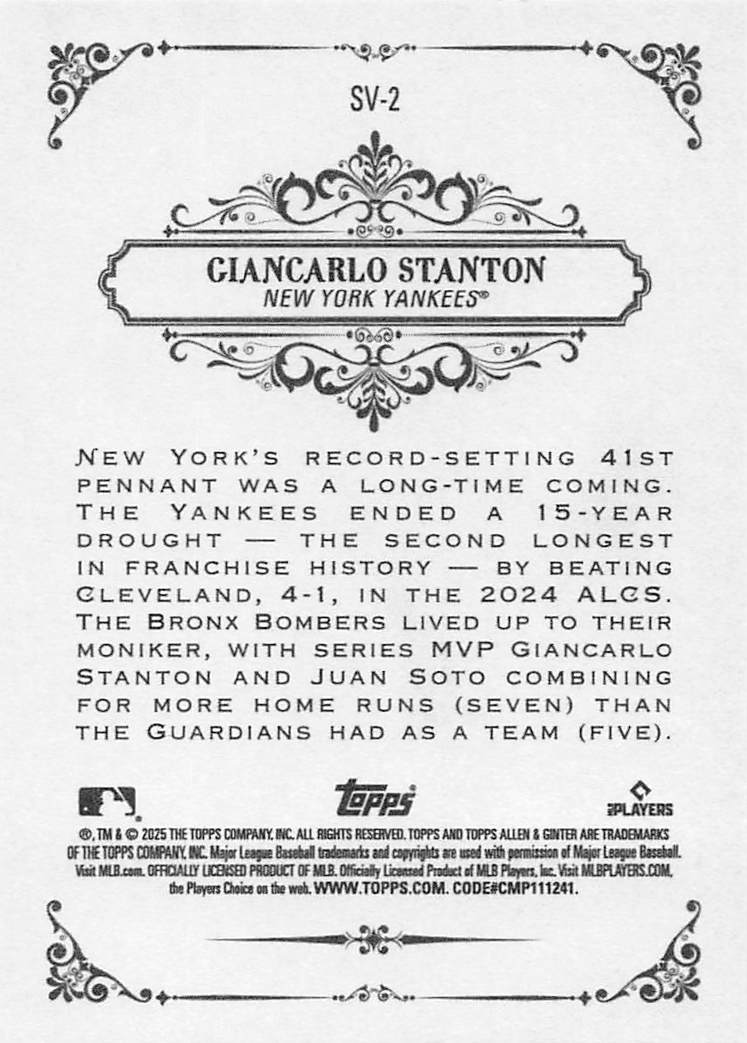 2025 Topps Allen & Ginter Baseball Sweet Victory Giancarlo Stanton #SV-2