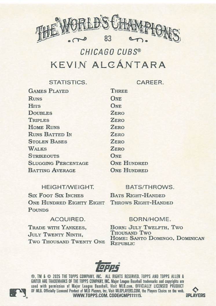 2025 Topps Allen & Ginter Baseball Kevin Alcántara #83 Rookie