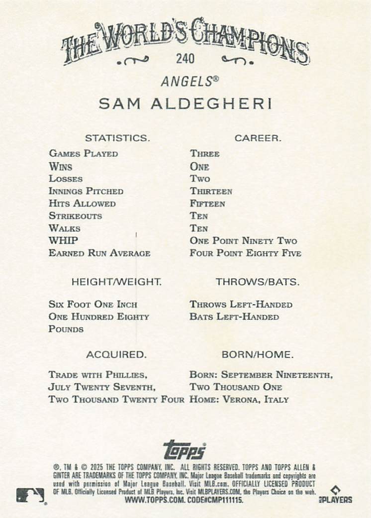 2025 Topps Allen & Ginter Baseball Sam Aldegheri #240 Rookie