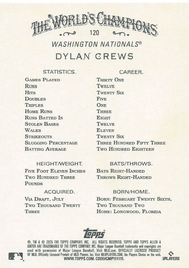 2025 Topps Allen & Ginter Baseball Dylan Crews #120 Rookie