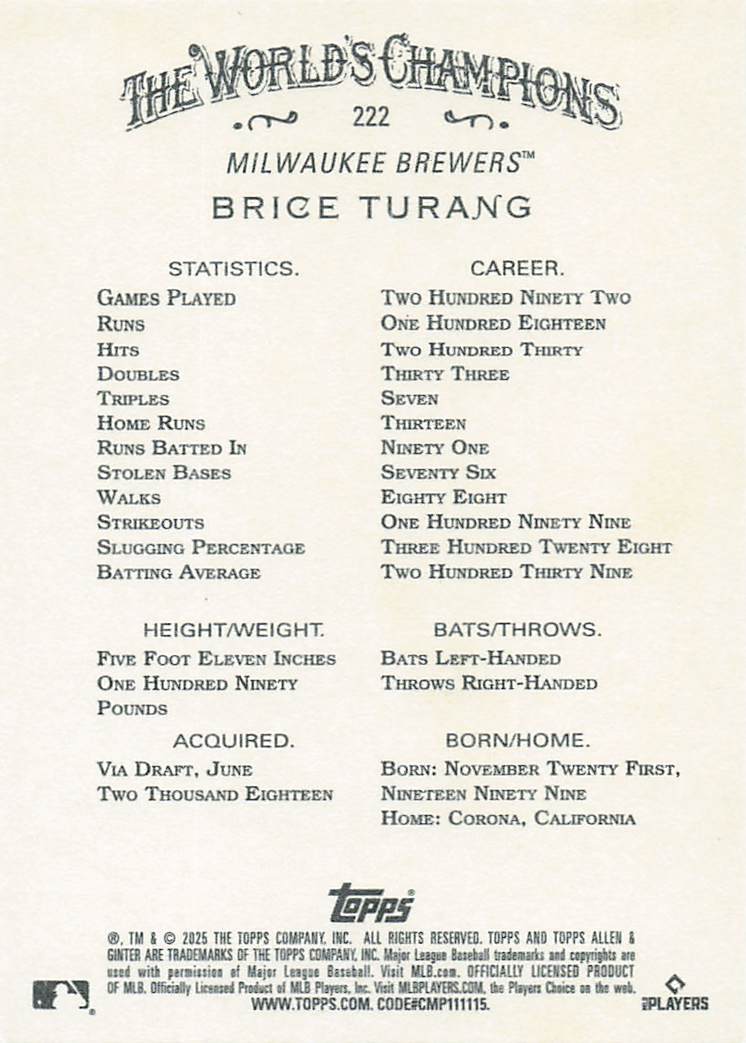 2025 Topps Allen & Ginter Baseball Brice Turang #222