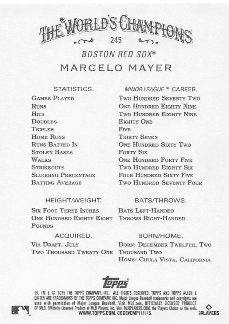 2025 Topps Allen & Ginter Baseball Marcelo Mayer #245 Rookie