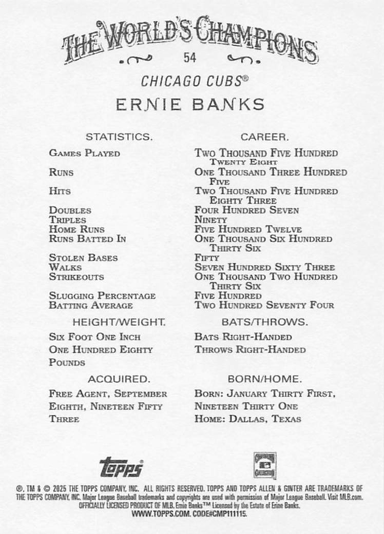 2025 Topps Allen & Ginter Baseball Ernie Banks #54