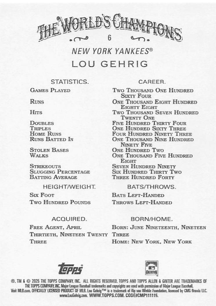 2025 Topps Allen & Ginter Baseball Lou Gehrig #6