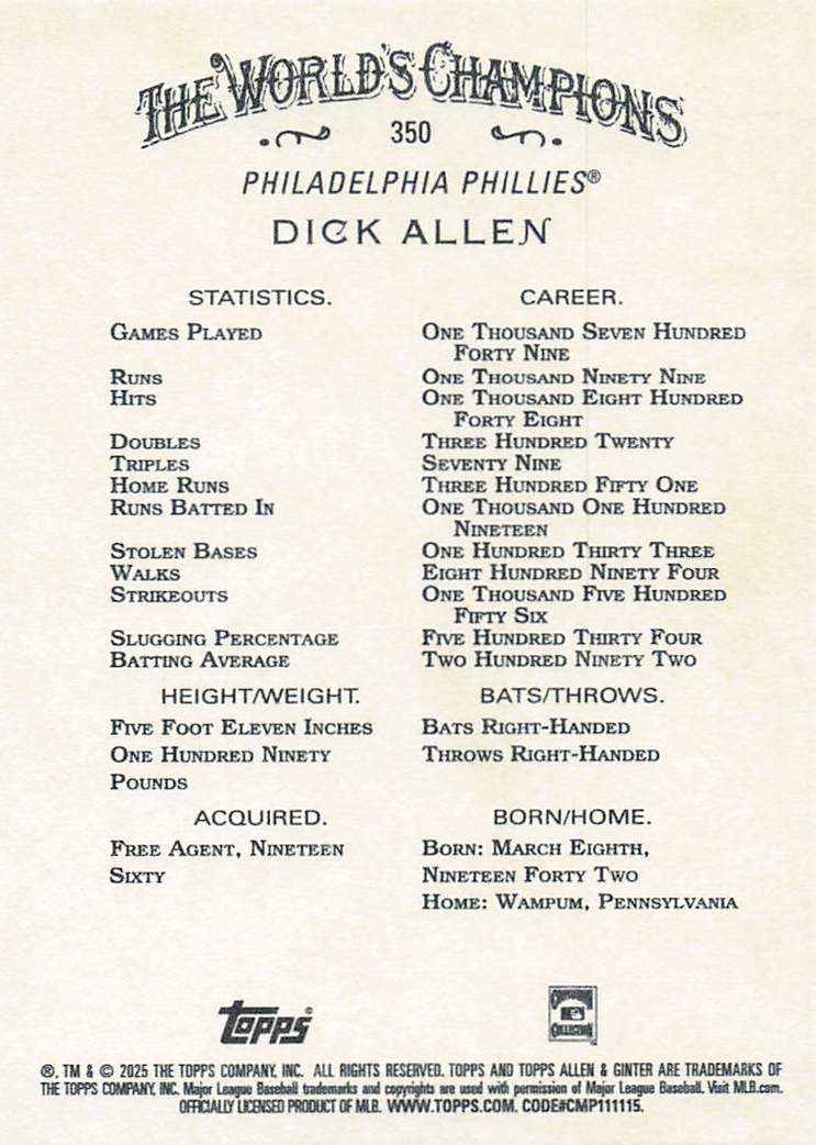 2025 Topps Allen & Ginter Baseball Dick Allen #350