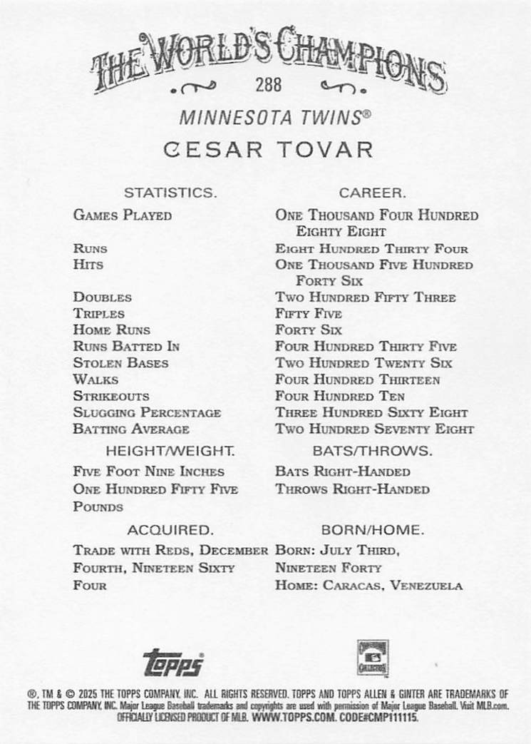 2025 Topps Allen & Ginter Baseball Cesar Tovar #288