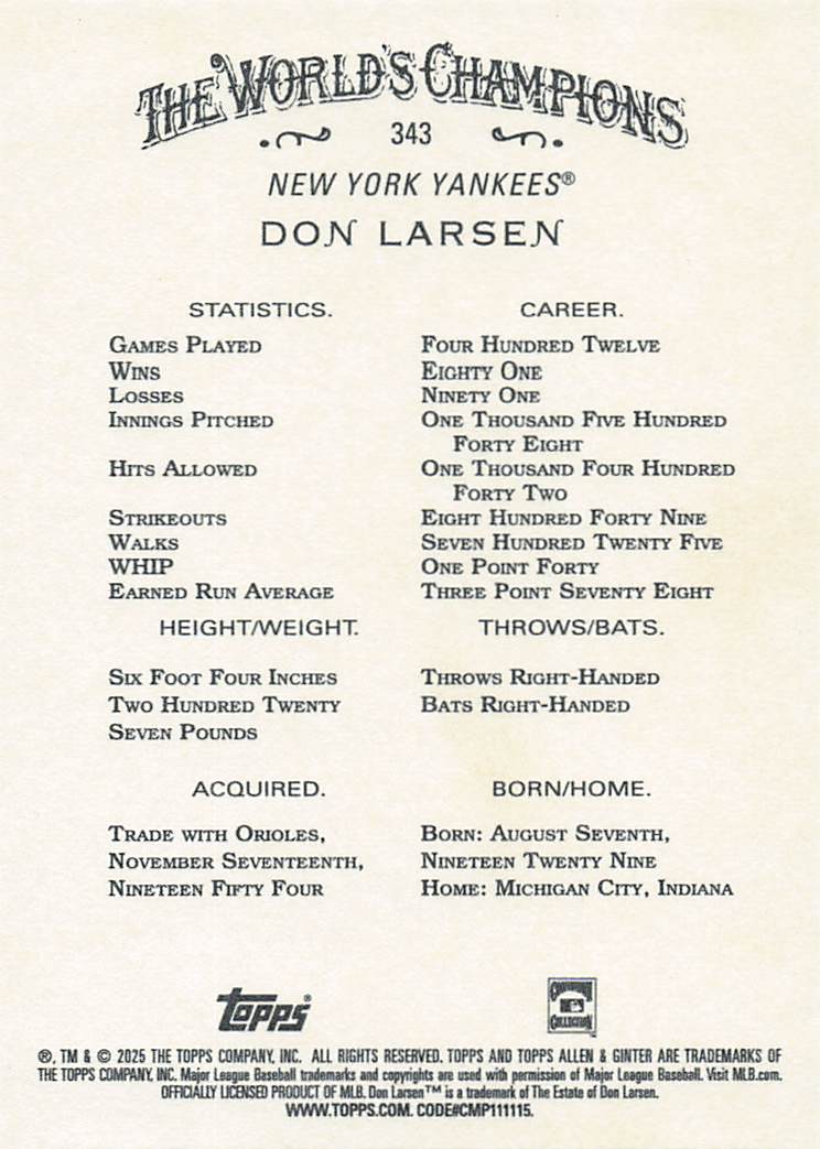 2025 Topps Allen & Ginter Baseball Don Larsen #343