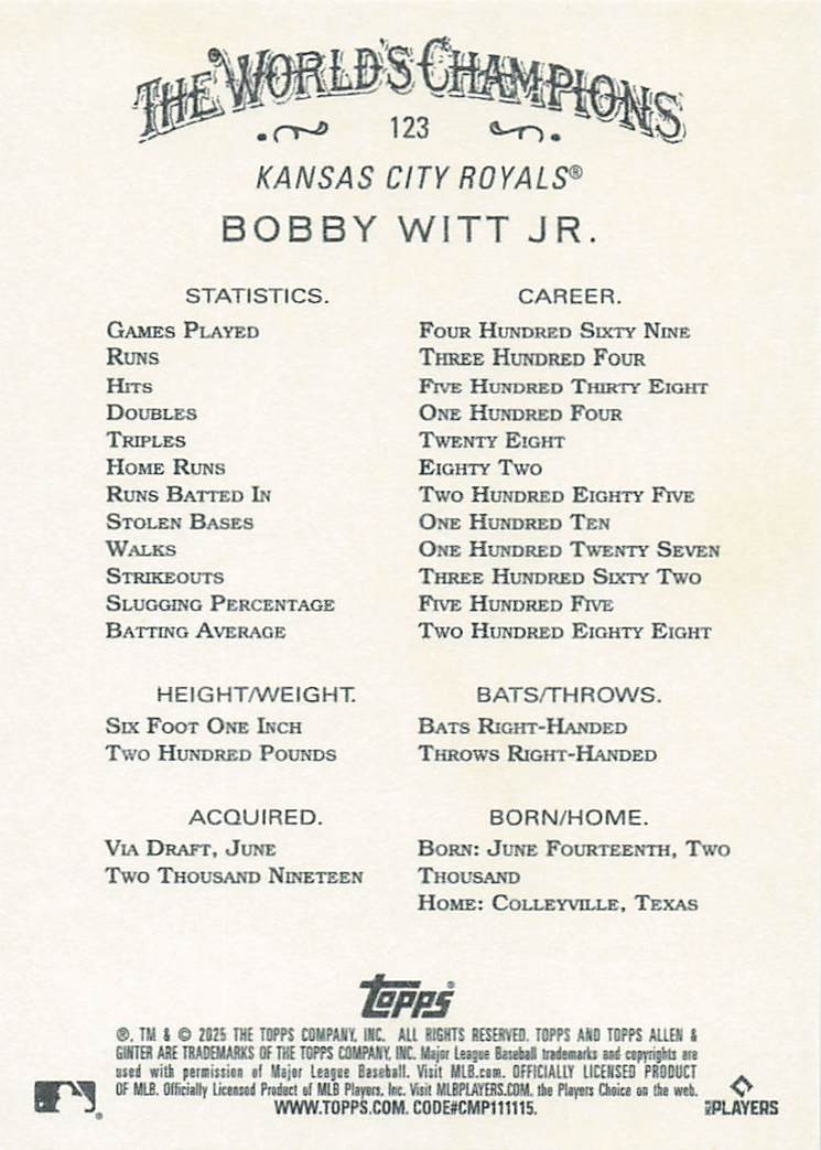 2025 Topps Allen & Ginter Baseball Bobby Witt Jr. #123