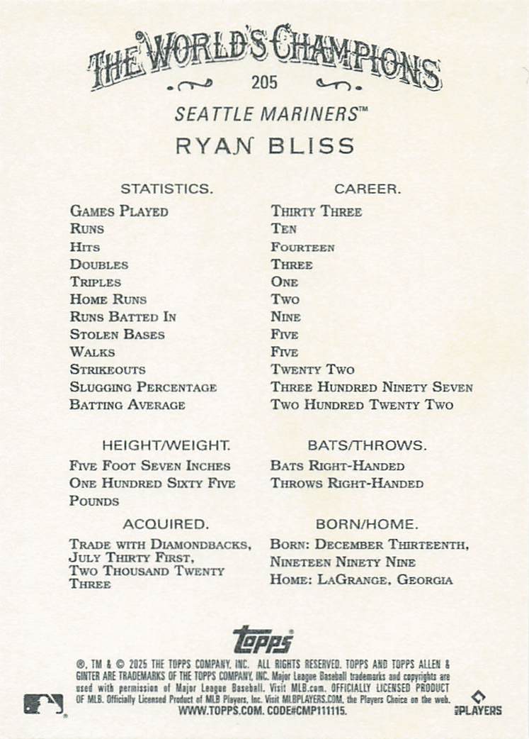 2025 Topps Allen & Ginter Baseball Ryan Bliss #205 Rookie