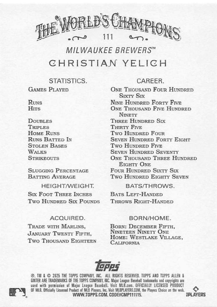 2025 Topps Allen & Ginter Baseball Christian Yelich #111