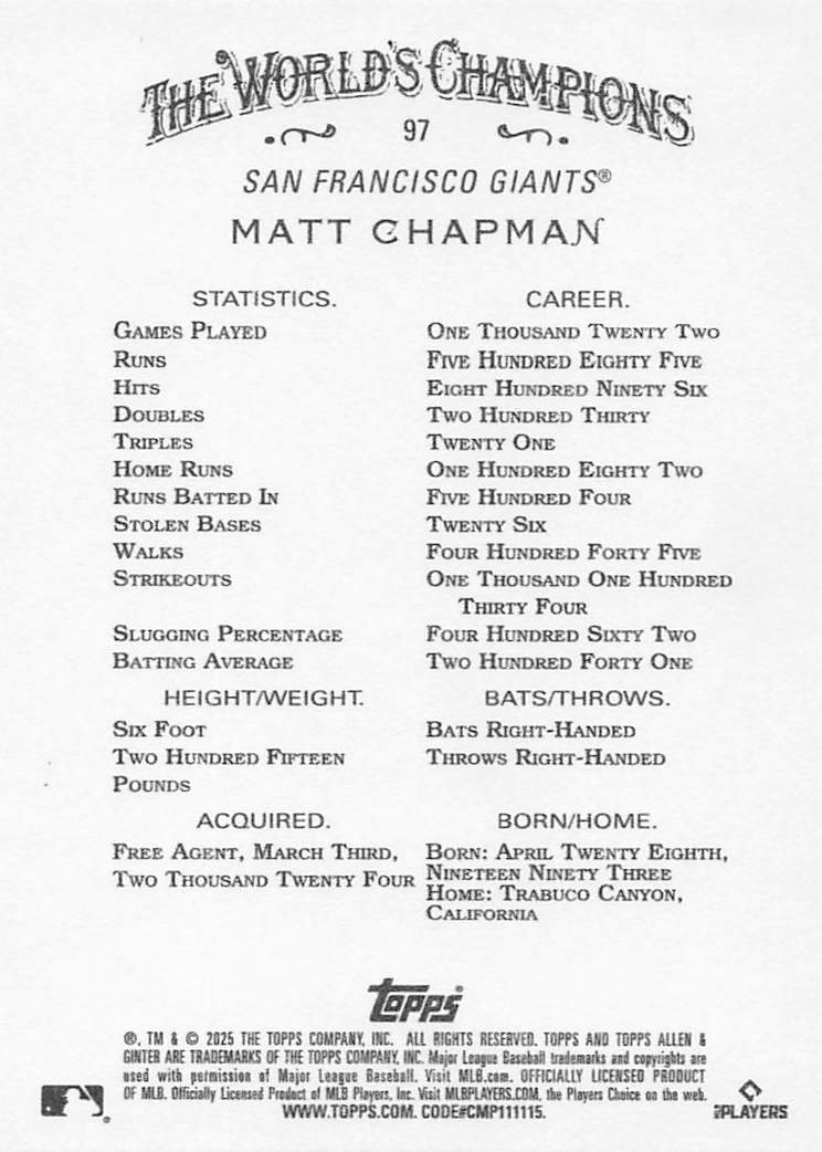 2025 Topps Allen & Ginter Baseball Matt Chapman #97