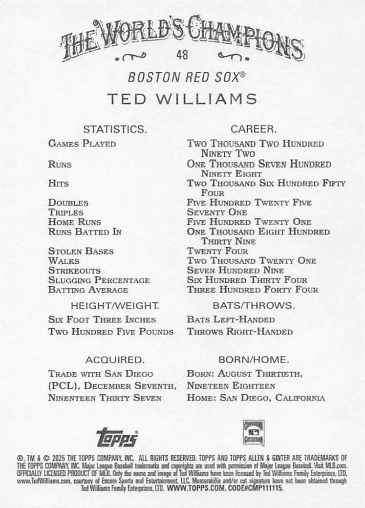 2025 Topps Allen & Ginter Baseball Ted Williams #48