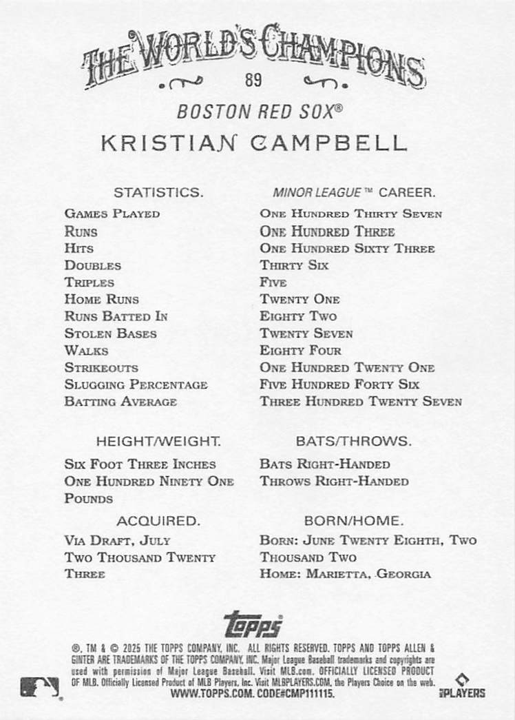 2025 Topps Allen & Ginter Baseball Kristian Campbell #89 Rookie