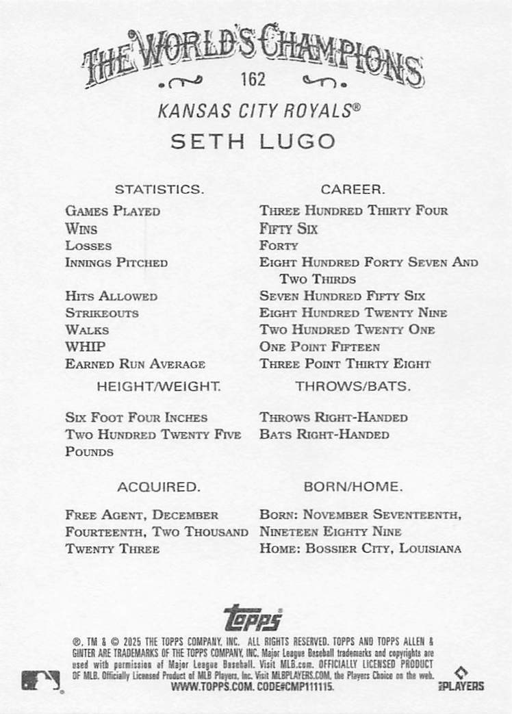 2025 Topps Allen & Ginter Baseball Seth Lugo #162