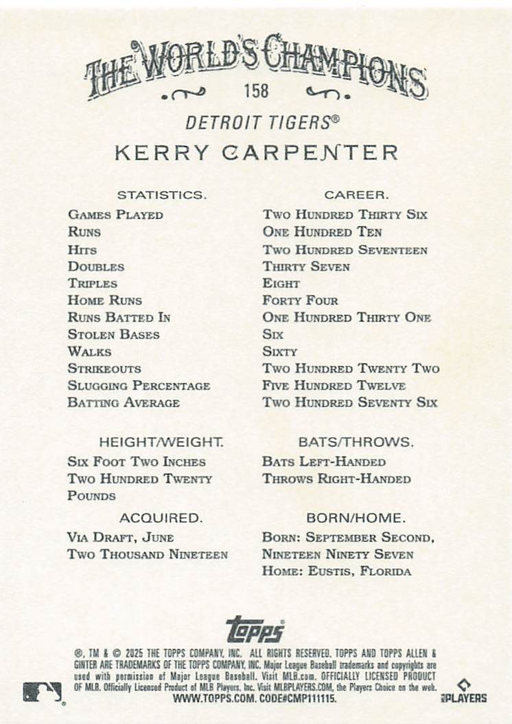 2025 Topps Allen & Ginter Baseball Kerry Carpenter #158