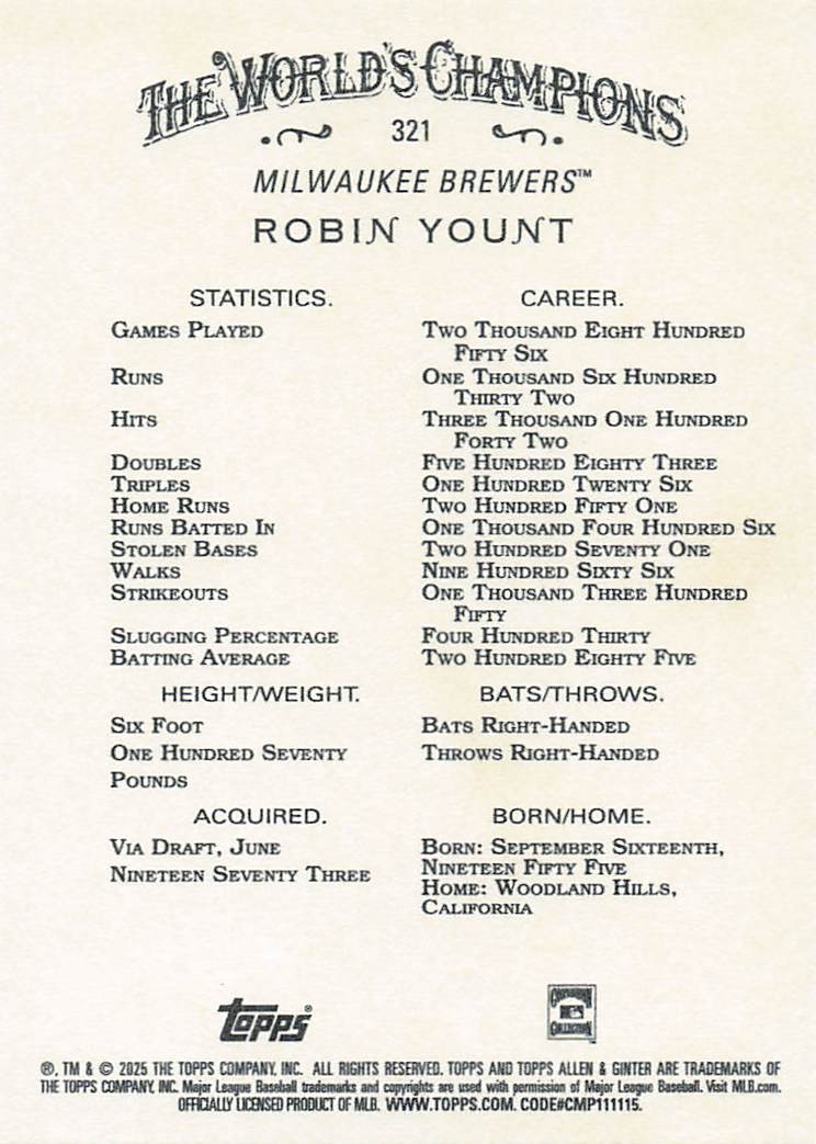 2025 Topps Allen & Ginter Baseball Robin Yount #321