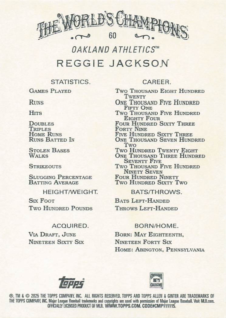 2025 Topps Allen & Ginter Baseball Reggie Jackson #60