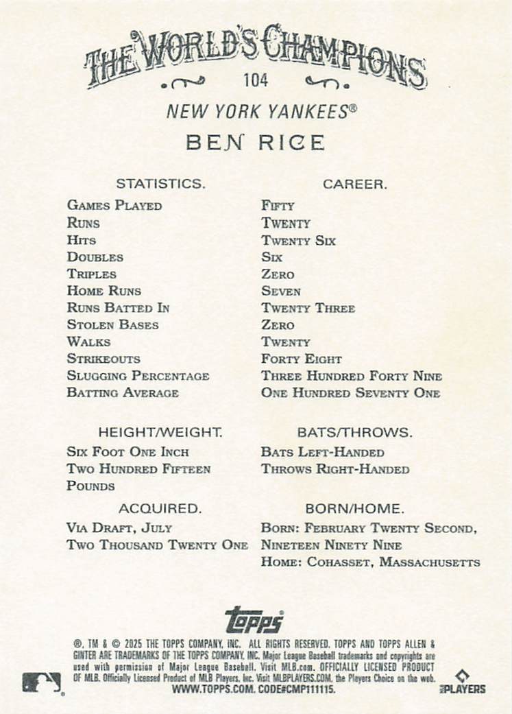 2025 Topps Allen & Ginter Baseball Ben Rice #104 Rookie